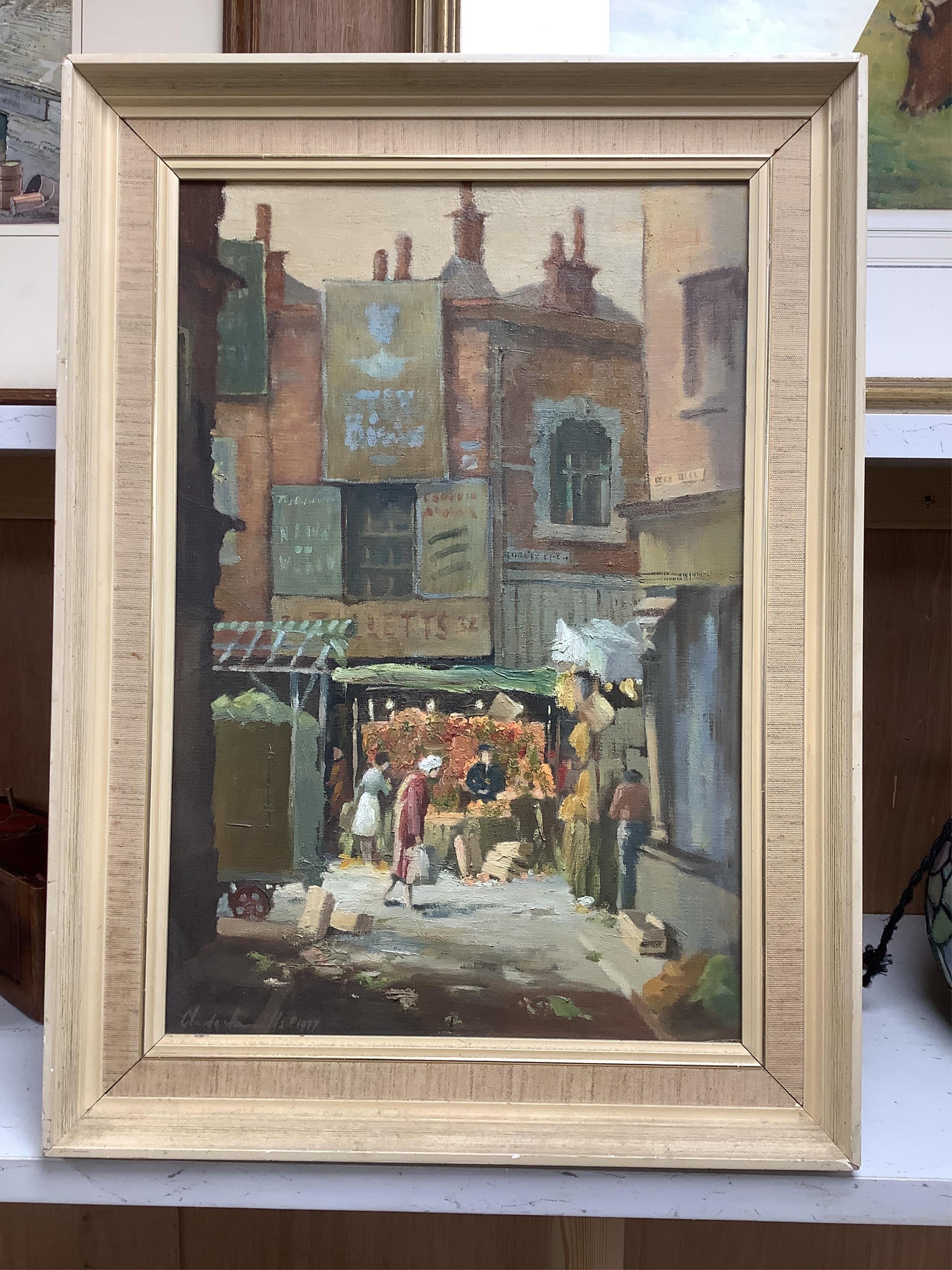 Claude Murrills (1915-2006), Croydon market scene, oil on board and coastal scene, watercolour, former 44x29cm